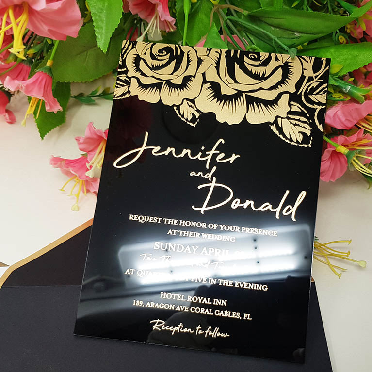 Rose Design Black Rigid Acrylic Wedding Invitation
