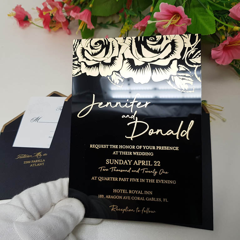 Rose Design Black Rigid Acrylic Wedding Invitation