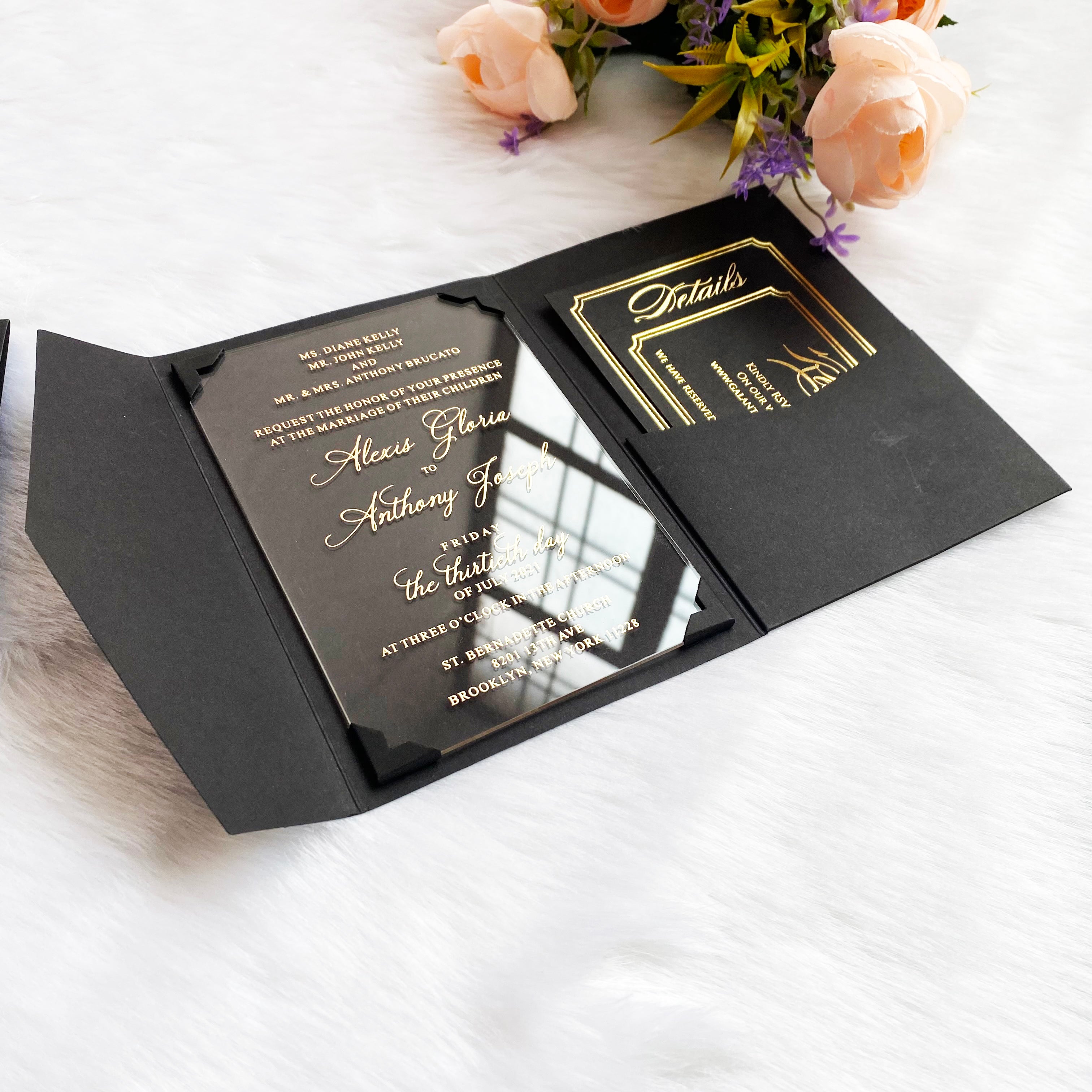 Wedding Invitations - 150 Pouch Pocket Fold Licorice Black Autumn White  Pearl