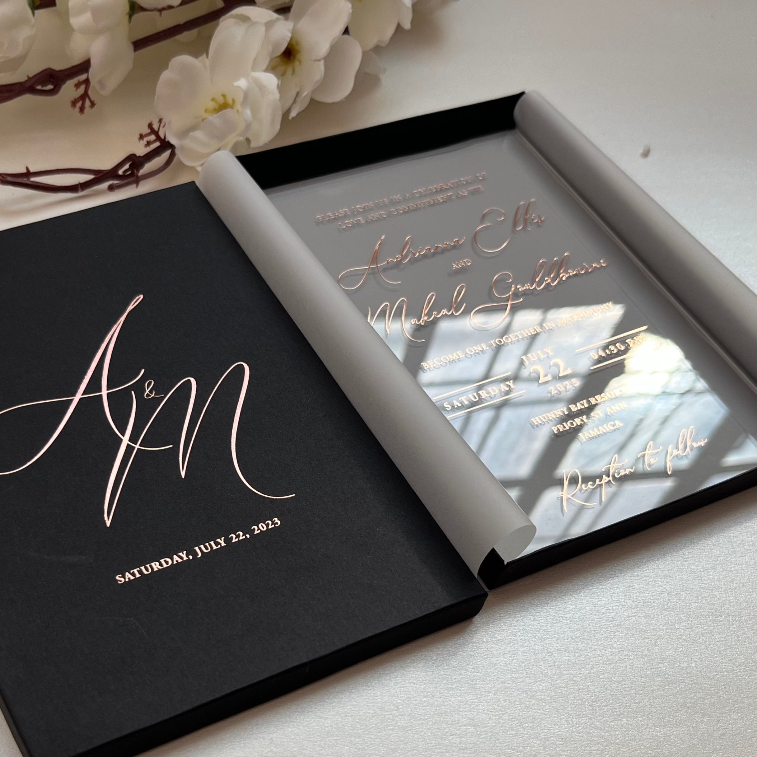 Gold Foil Printed Acrylic Wedding Invitation with Black Envelope