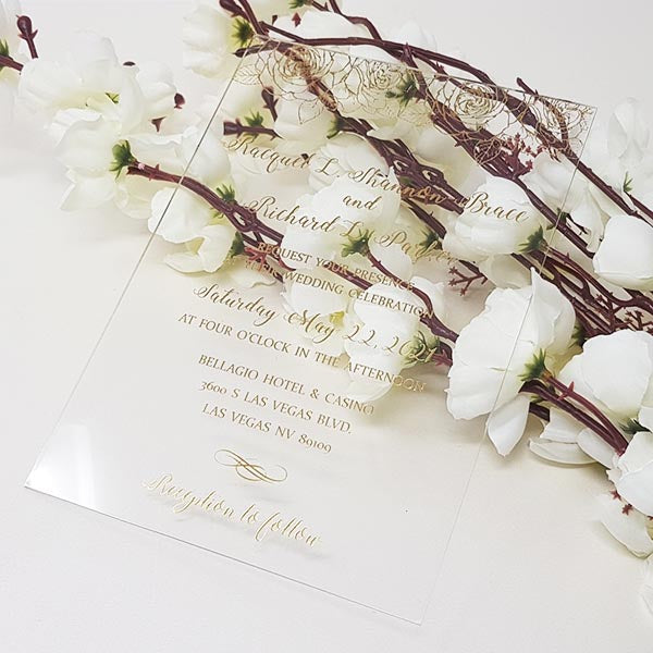 Clear Acrylic Wedding Invitations with Gold Foil Printing, Diamond Sha
