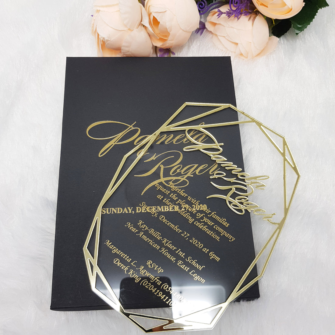 Elegant Luxury Black Acrylic Wedding Invitation with Gold Border